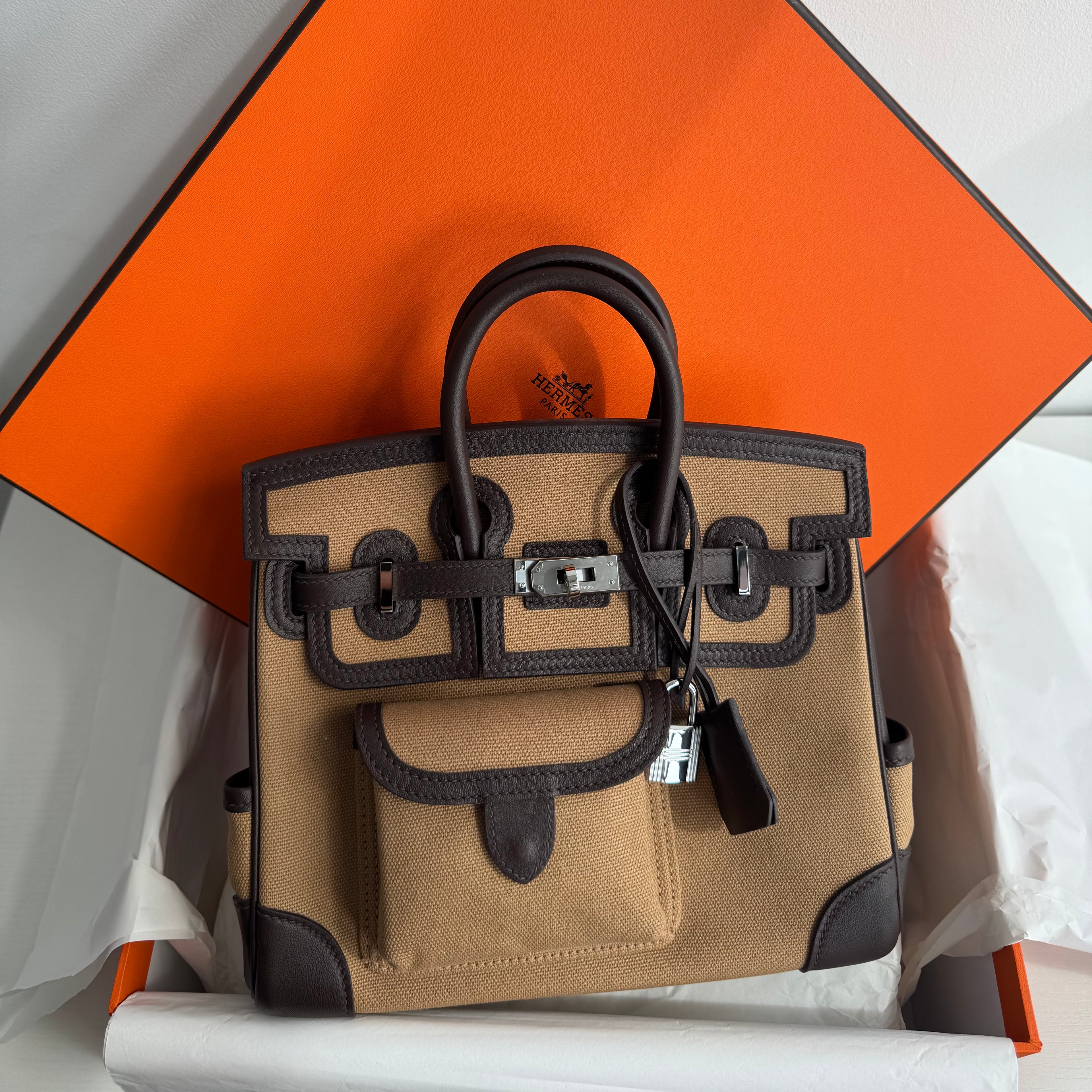 Hermes Birkin 25 Cargo Bai Bruns Swift Canvas Palladium Hardware