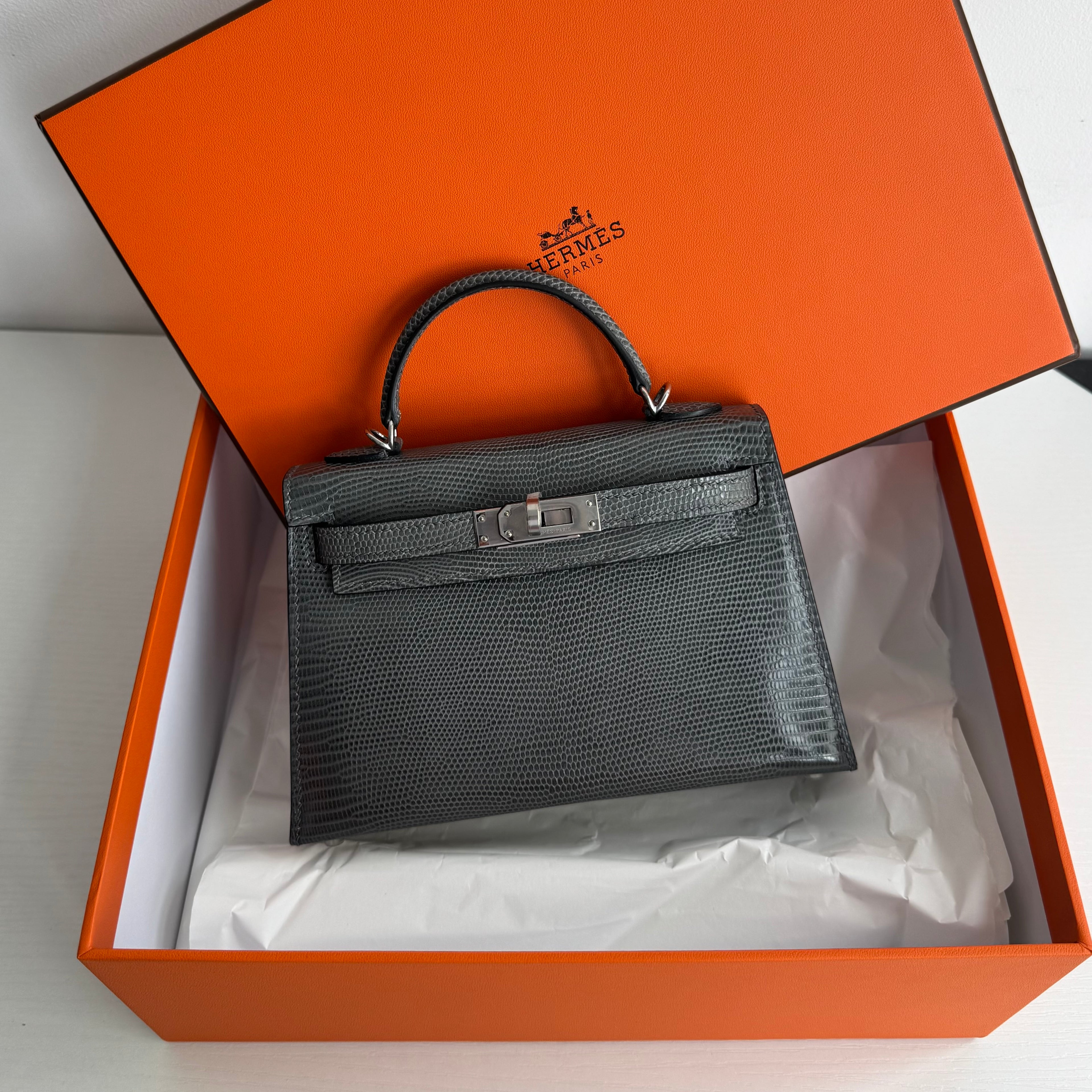 Hermes Mini Kelly II 19 Ardoise Lizard Palladium Hardware