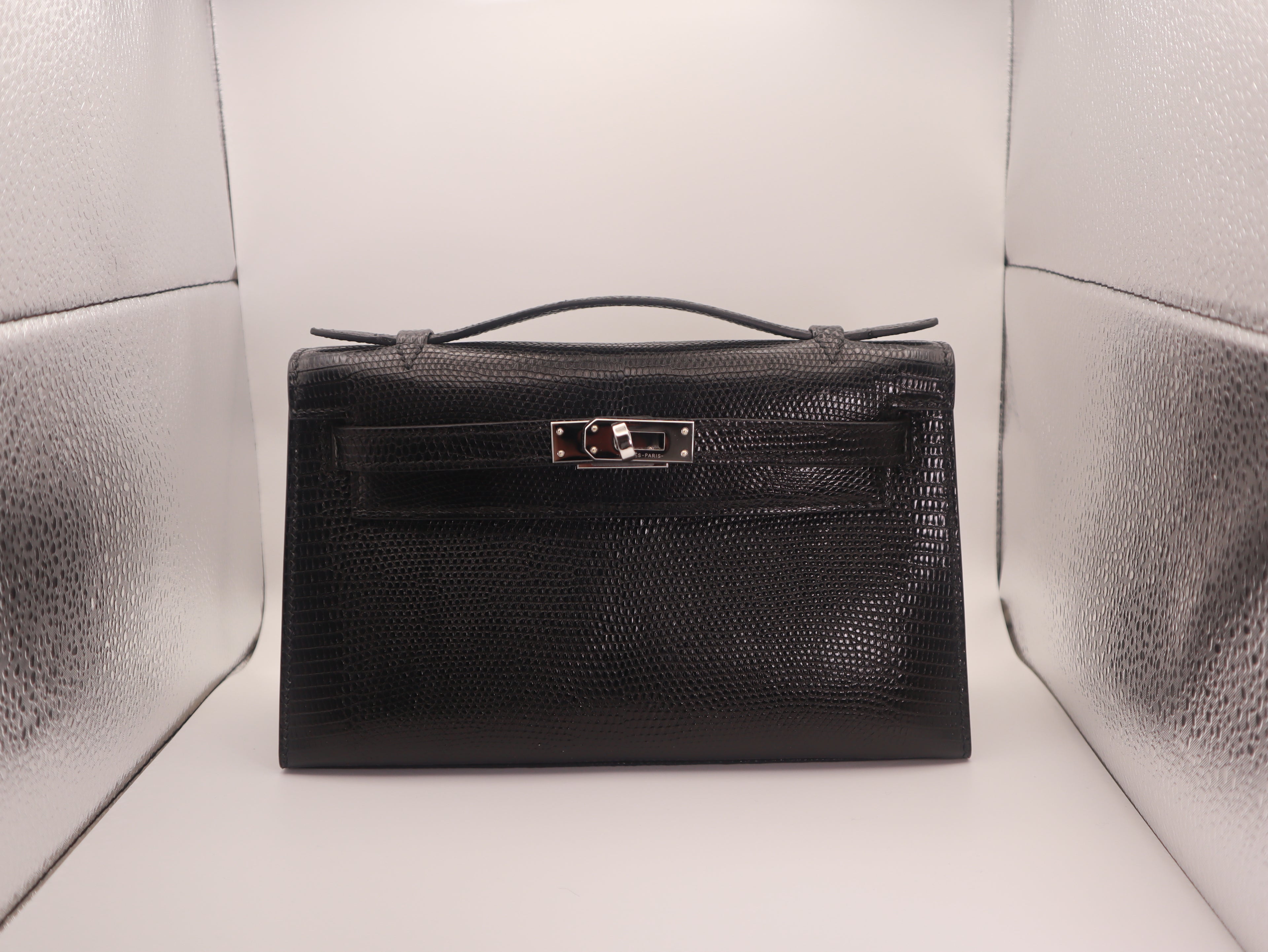 Hermès Kelly Pochette Noir 89 Lizard Palladium Hardware