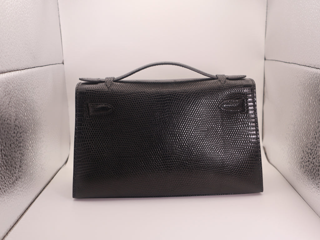 Hermès Kelly Pochette Noir 89 Lizard Palladium Hardware