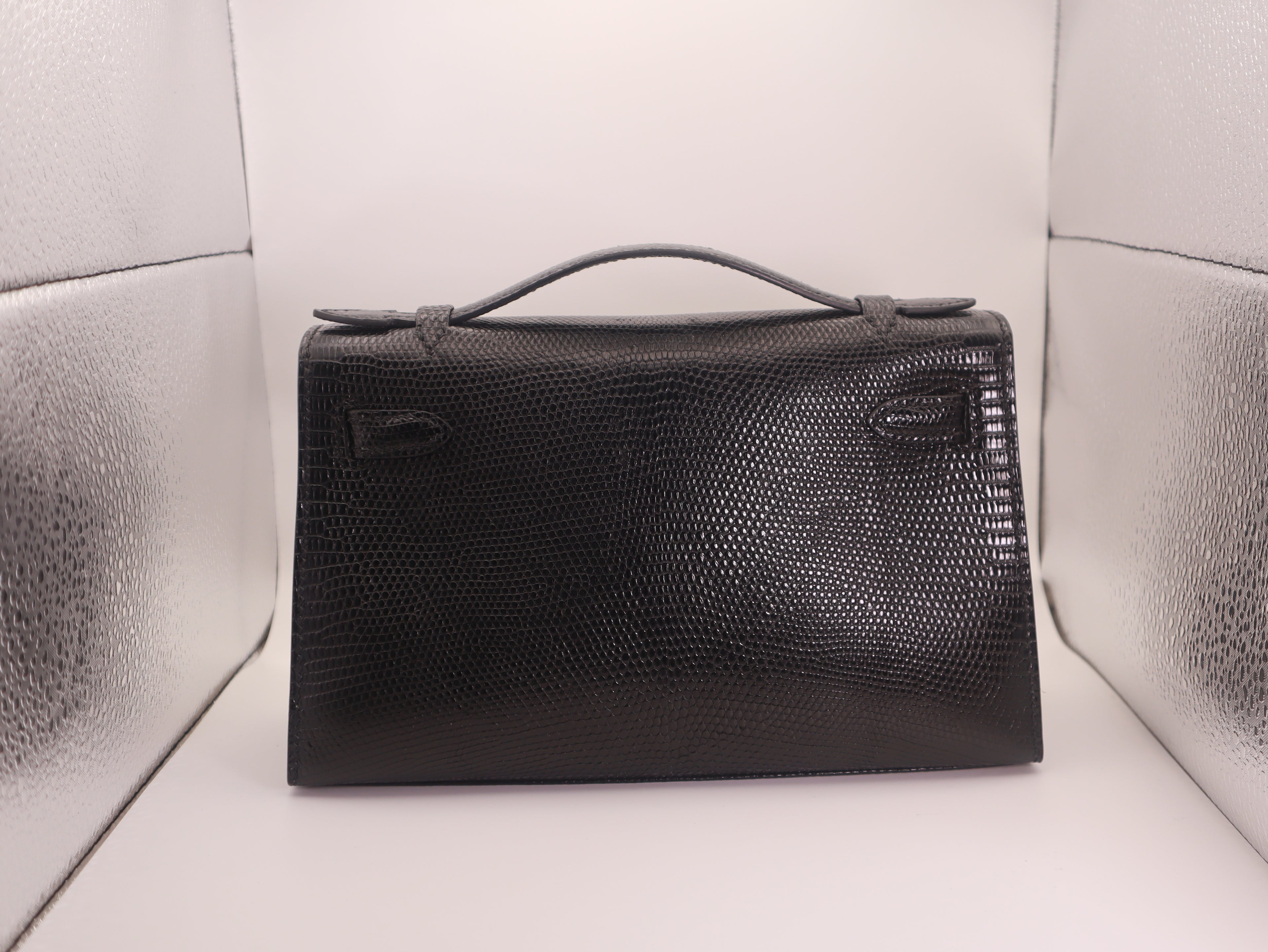 Hermès Kelly Pochette Noir 89 Lizard Palladium Hardware
