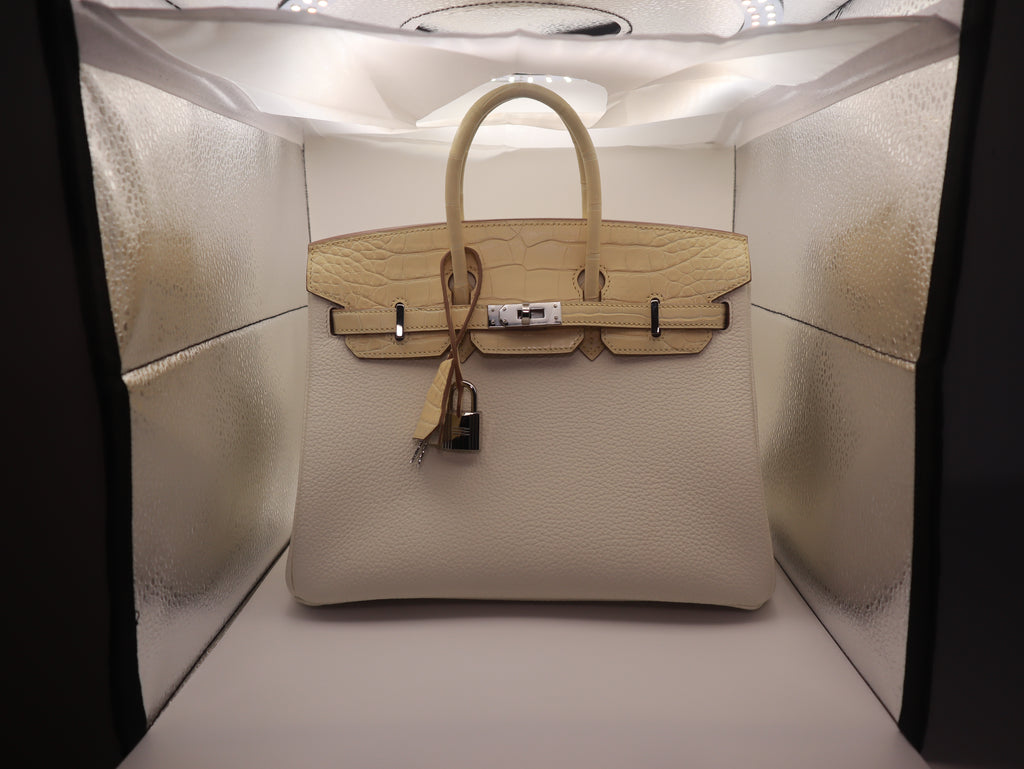 Hermès Birkin 25 Touch Vanille & Mushroom Alligator Togo Palladium Hardware