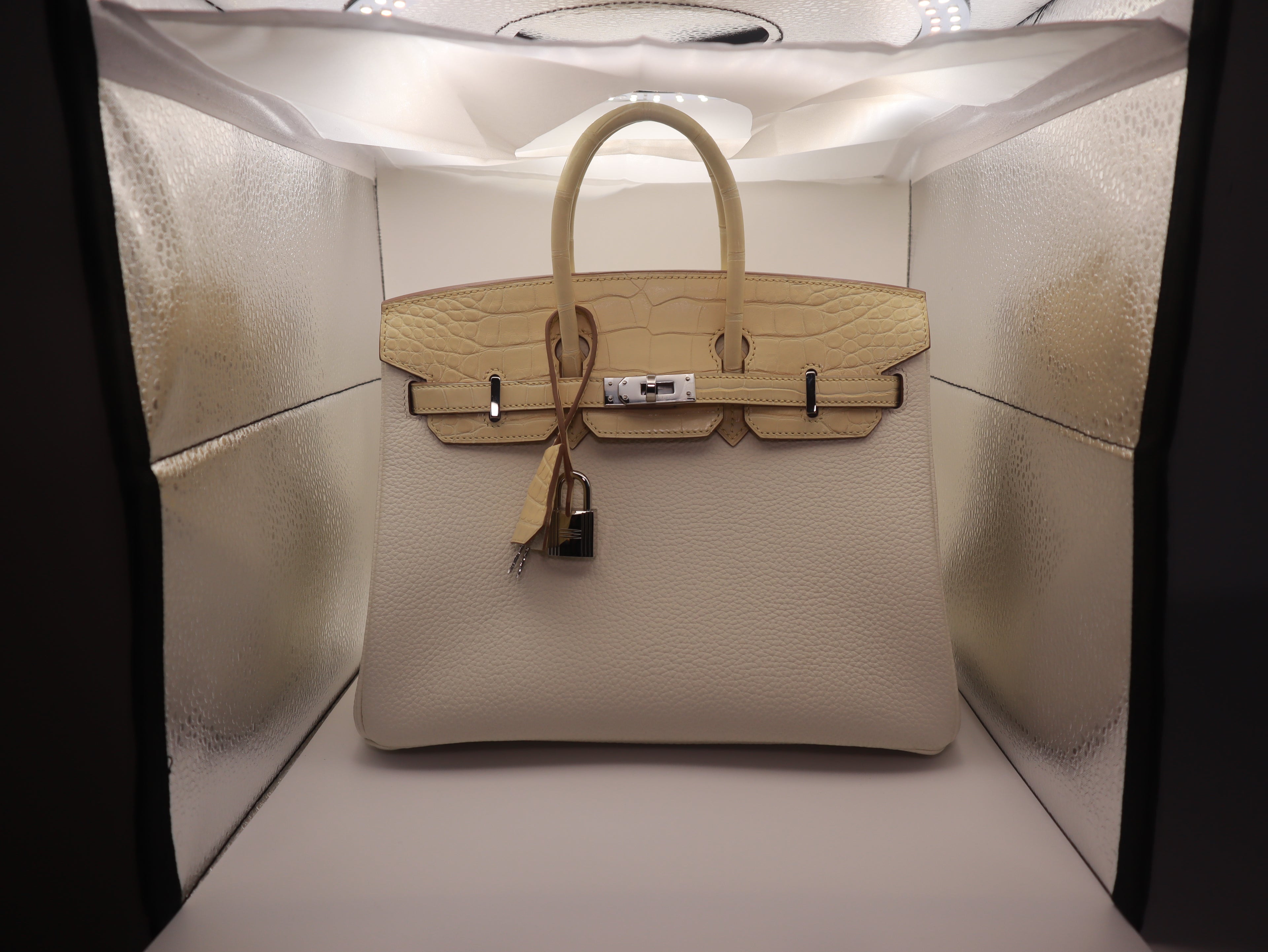 Hermès Birkin 25 Touch Vanille & Mushroom Alligator Togo Palladium Hardware