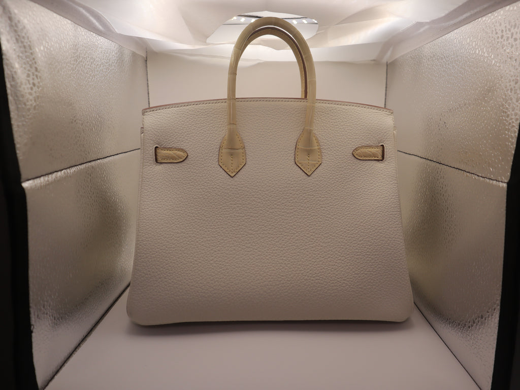 Hermès Birkin 25 Touch Vanille & Mushroom Alligator Togo Palladium Hardware