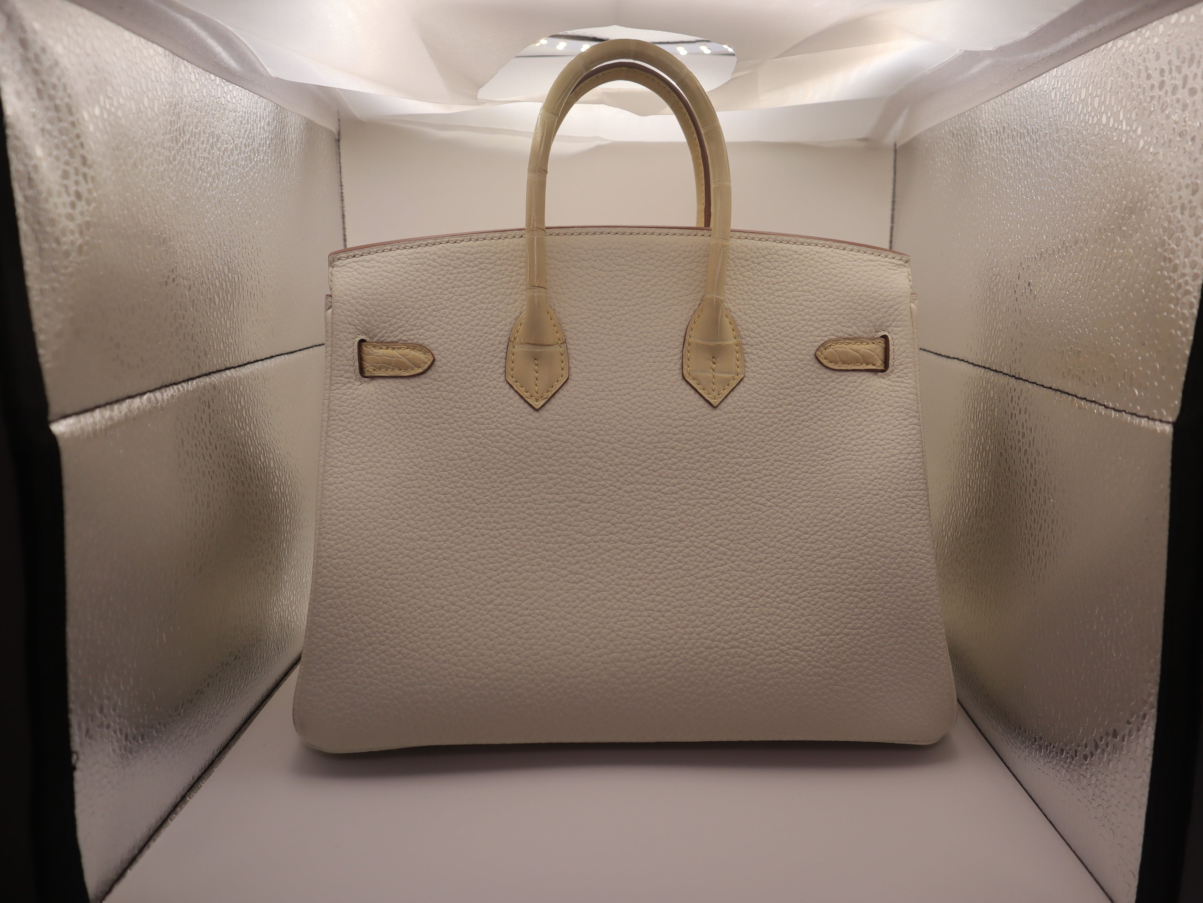 Hermès Birkin 25 Touch Vanille & Mushroom Alligator Togo Palladium Hardware